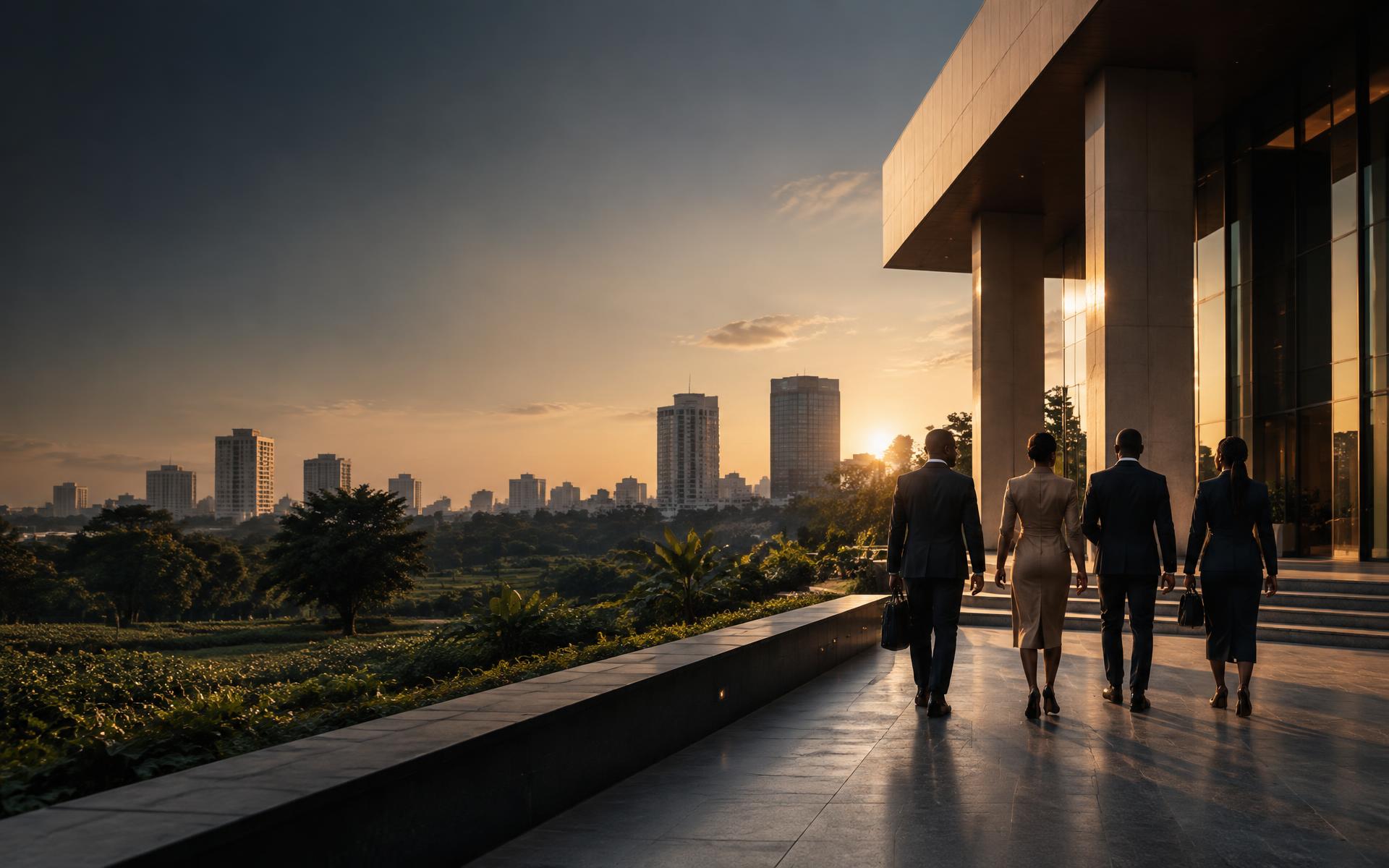 African business leaders overlooking a modern Ghanaian business landscape